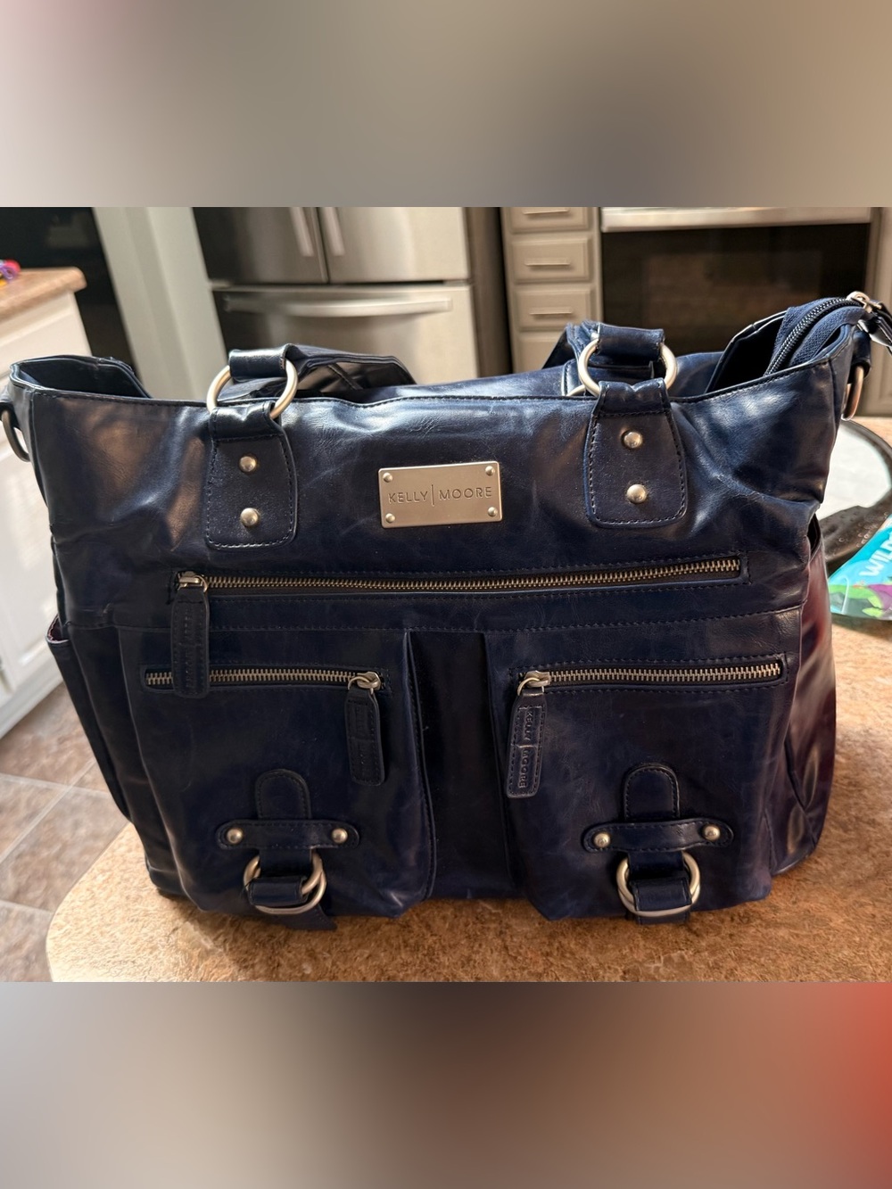 Kelly Moore Navy Leather Satchel with Silver Hardware